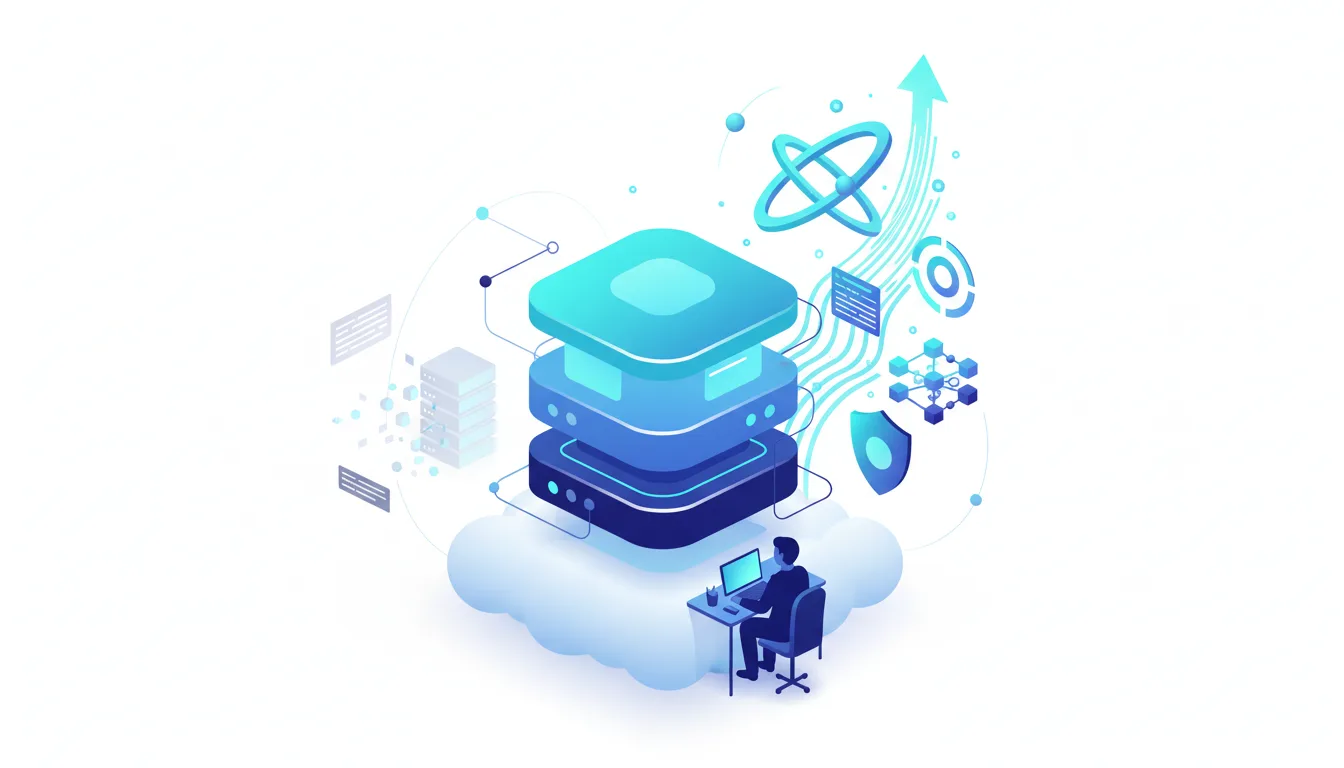 Isometric illustration of a person working on a laptop connected to a cloud-based server stack, symbolizing AI infrastructure and MLOps.