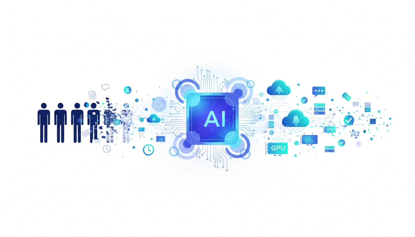 Silhouettes of people transforming into digital data streams leading to an AI chip, symbolizing job displacement by artificial intelligence and automation.