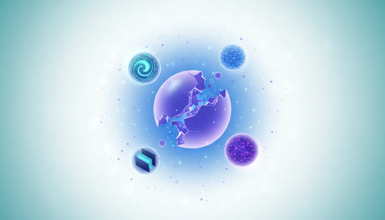 Abstract representation of a cracked egg with glowing blue energy, surrounded by smaller spheres symbolizing diverse AI technologies.