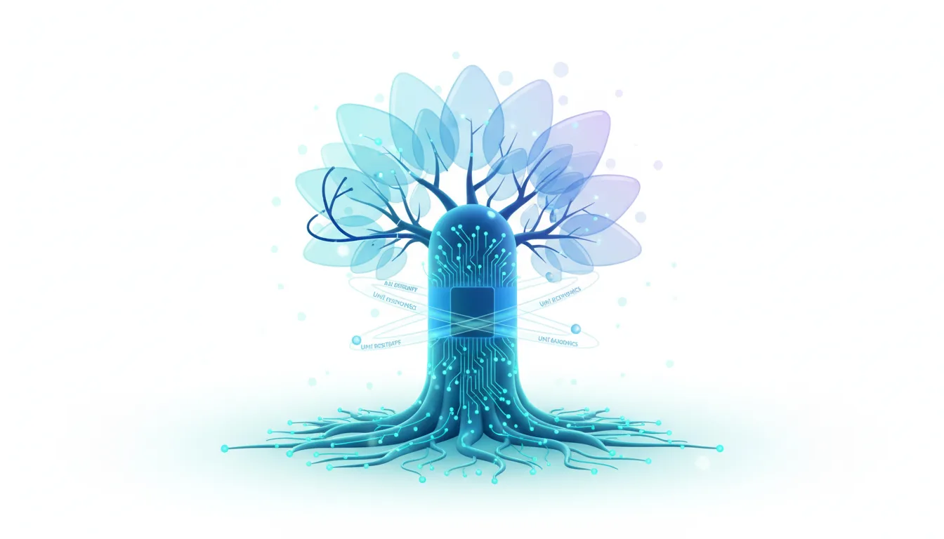 Abstract AI tree with circuit board trunk and glowing roots, symbolizing growth and the underlying technology of artificial intelligence.