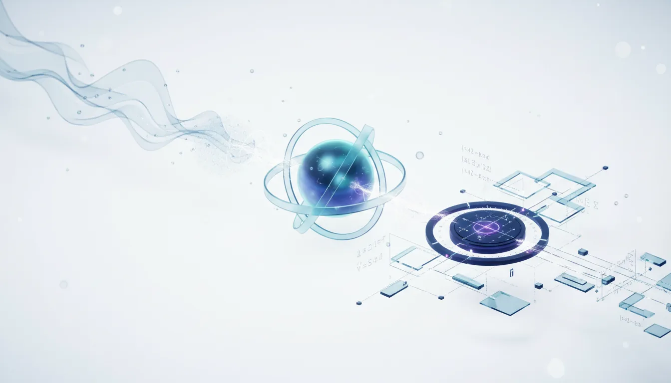 Abstract visualization of AI mathematical reasoning with a glowing sphere, orbiting rings, and futuristic interface elements.