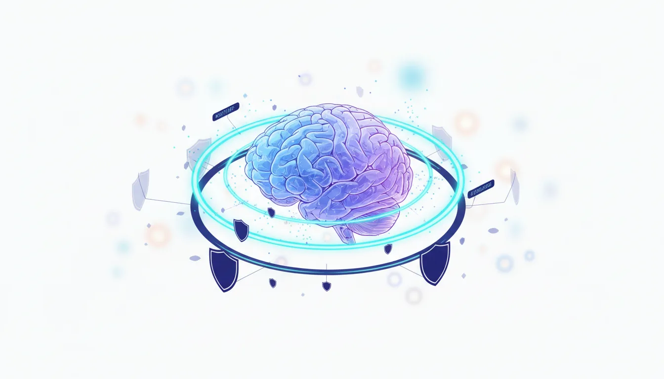 Stylized illustration of a human brain surrounded by protective shields and glowing rings, symbolizing AI safety in mental health research.