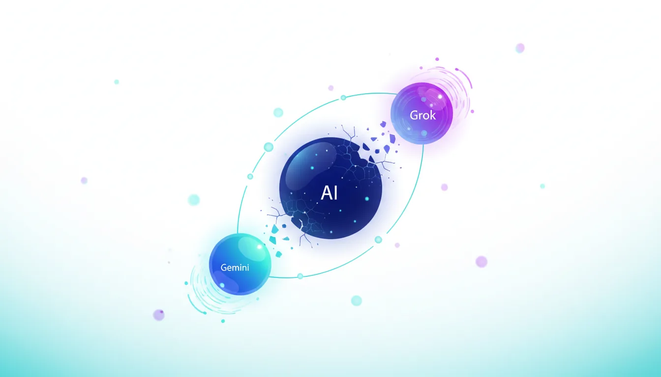 Abstract visualization of AI, with Gemini and Grok spheres impacting a central AI sphere, symbolizing market disruption.