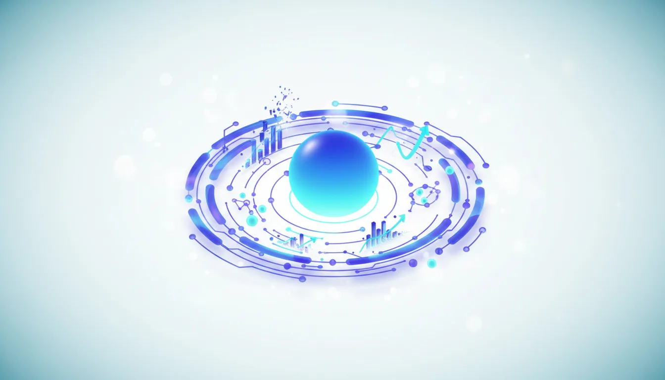Abstract digital sphere with glowing circuits and data charts representing AI business strategy and growth.