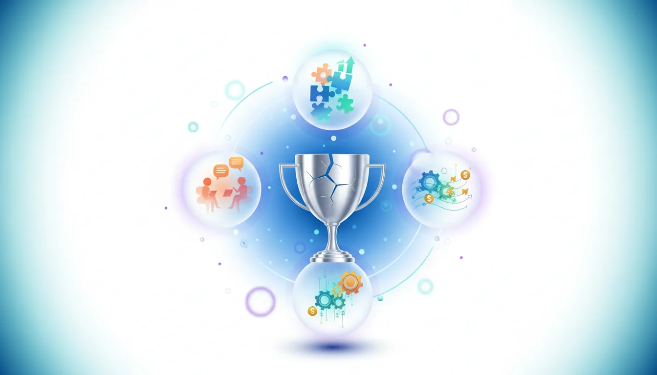 Cracked trophy surrounded by bubbles showing AI development, user collaboration, technical benchmarks, and economic viability.