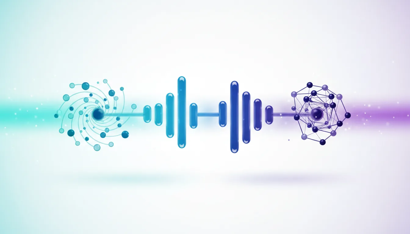 Abstract visualization of AI music generation, showing a swirling network transforming into an audio waveform and then a complex molecular structure.