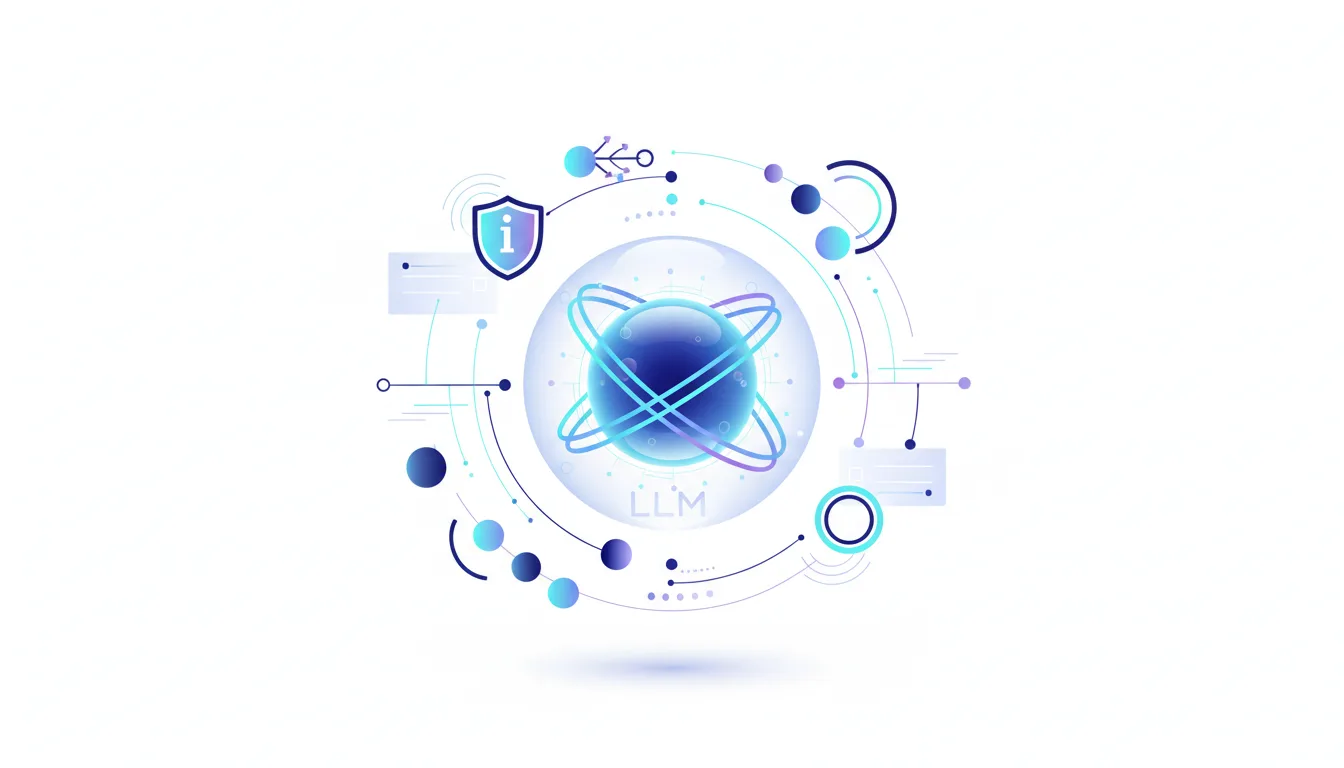 Abstract visualization of an LLM core with orbiting rings, surrounded by nodes, lines, and a shield icon, representing AI governance.