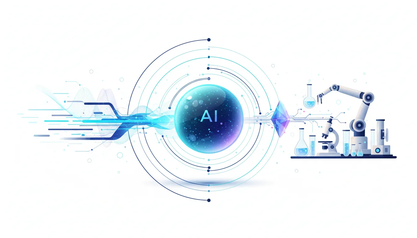 Abstract visualization of AI processing data and connecting to a robotic arm in a lab setting, symbolizing AI in scientific discovery.
