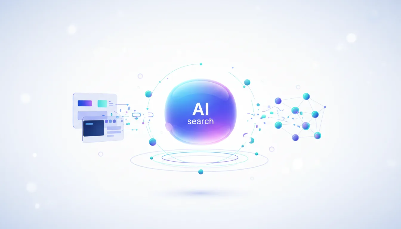 Abstract visualization of AI search with data flowing from web pages to a central AI sphere and then to a network graph.