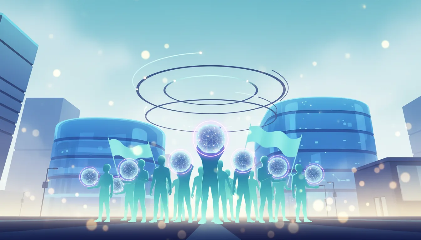 Silhouetted figures protest in front of futuristic buildings, holding glowing orbs and flags, symbolizing AI development concerns.