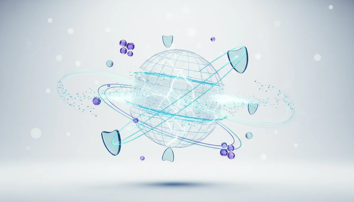 Abstract representation of a globe surrounded by protective shields and orbiting particles, symbolizing AI data defense and integrity.