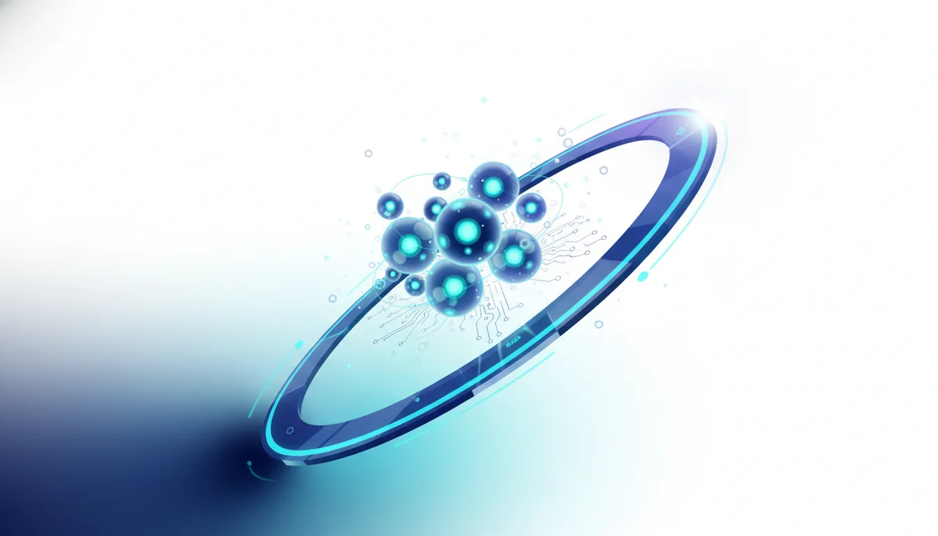 Abstract visualization of generative AI, showing glowing spheres forming a cluster within a futuristic blue ring with circuit board patterns.