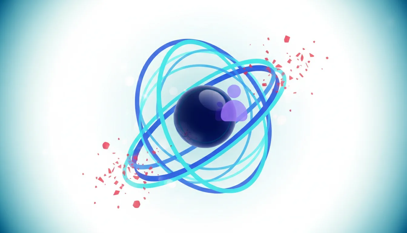 Abstract representation of AI productivity with a central sphere orbited by rings and user icons, symbolizing managed workflows.