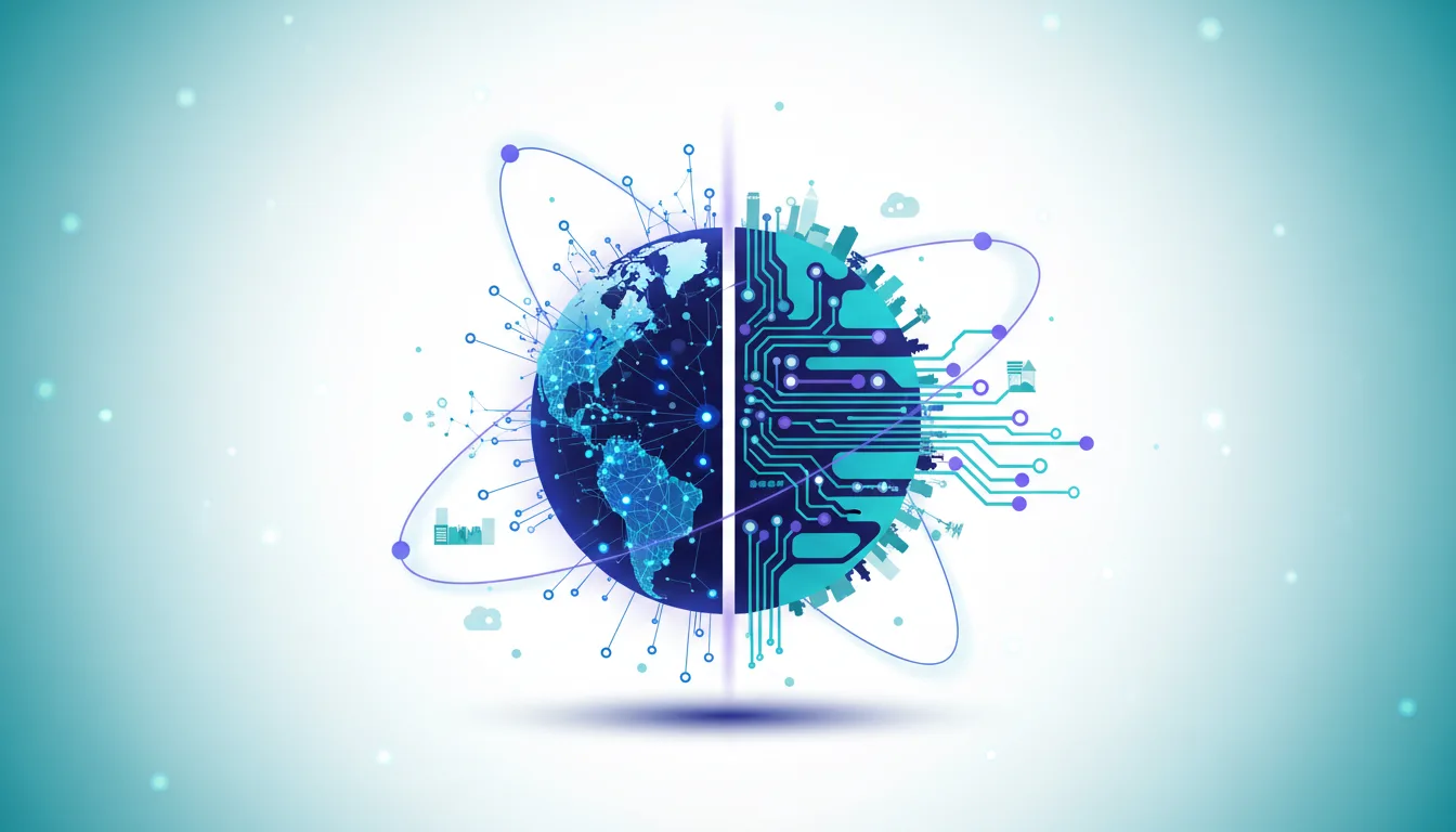 Digital globe split between a connected Earth and a circuit board, symbolizing global AI infrastructure and technological integration.