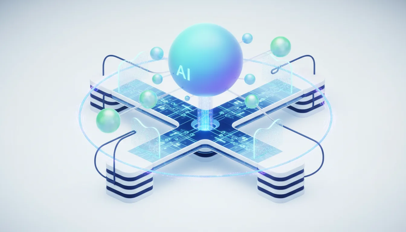 Abstract representation of AI processing with a central sphere labeled AI connected to a futuristic data center infrastructure.