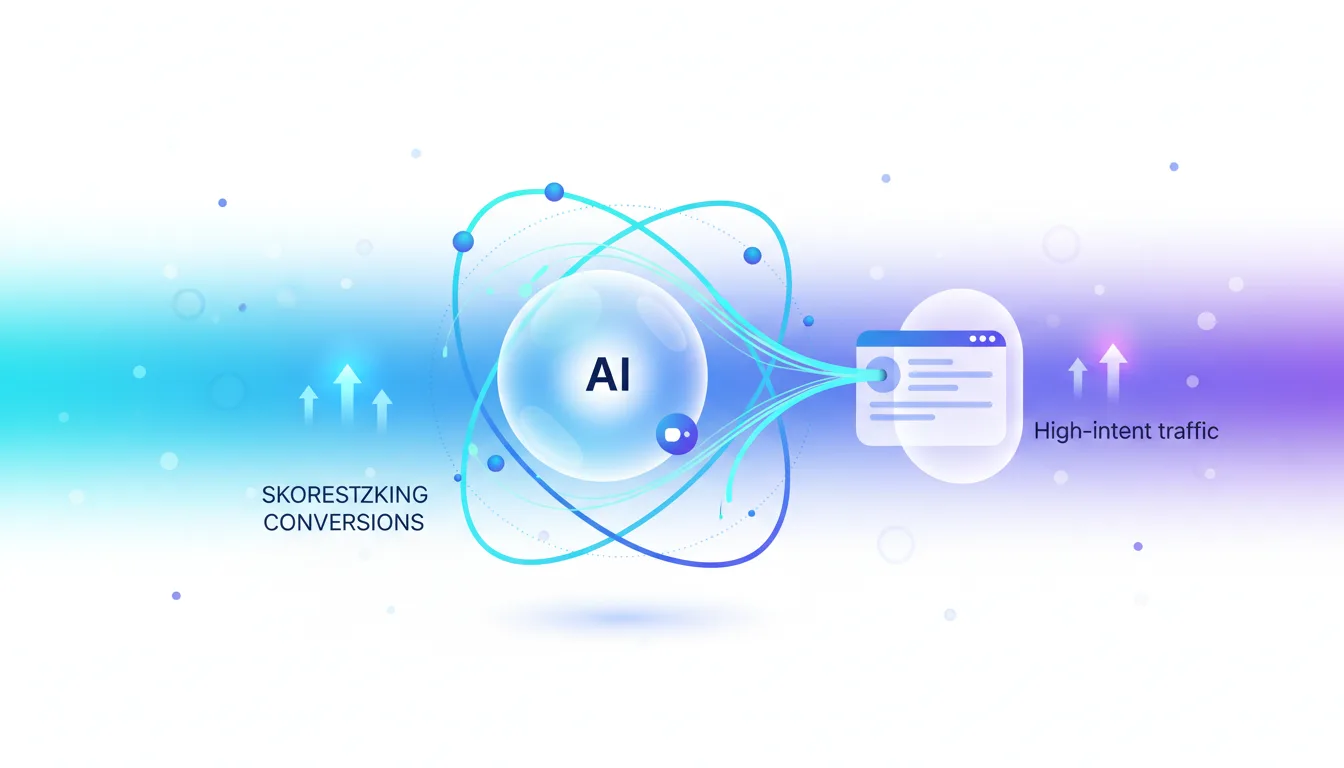 Abstract AI atom graphic connecting to a webpage interface, illustrating AI-referred traffic leading to higher conversions and high-intent users.