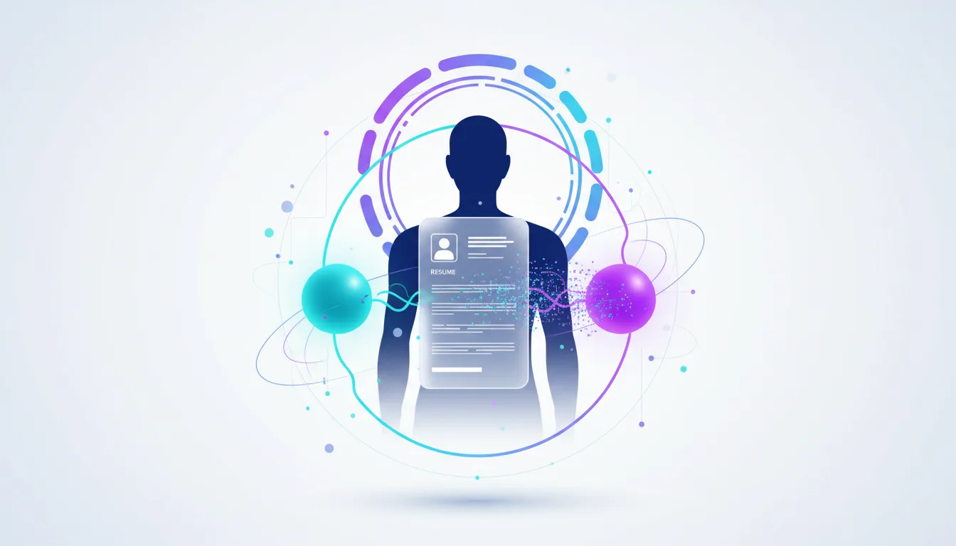 Silhouette of a person with a resume displayed on their chest, surrounded by abstract AI network elements.