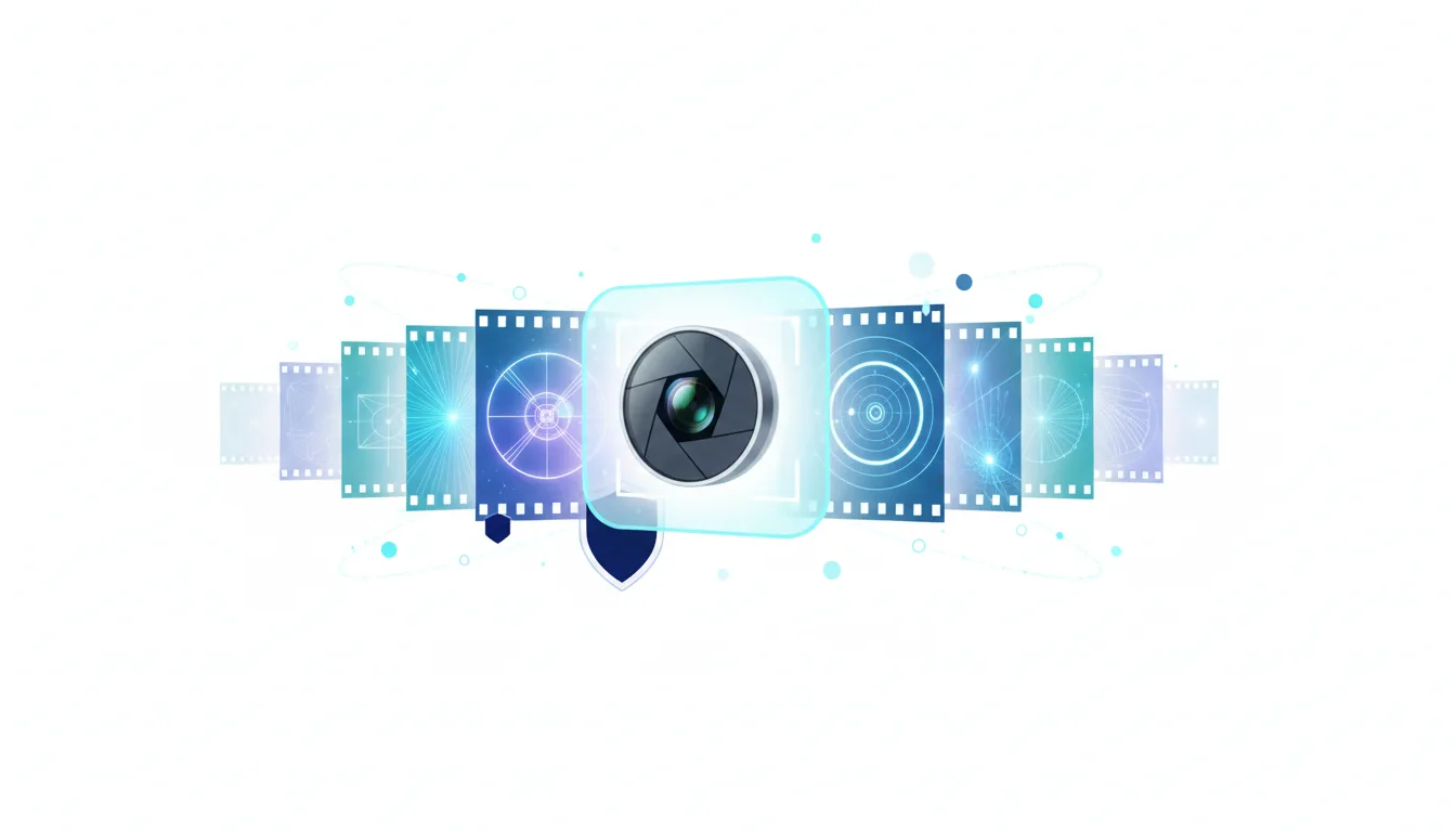 Abstract digital art representing AI camera technology and film strips, symbolizing AI-generated photography.