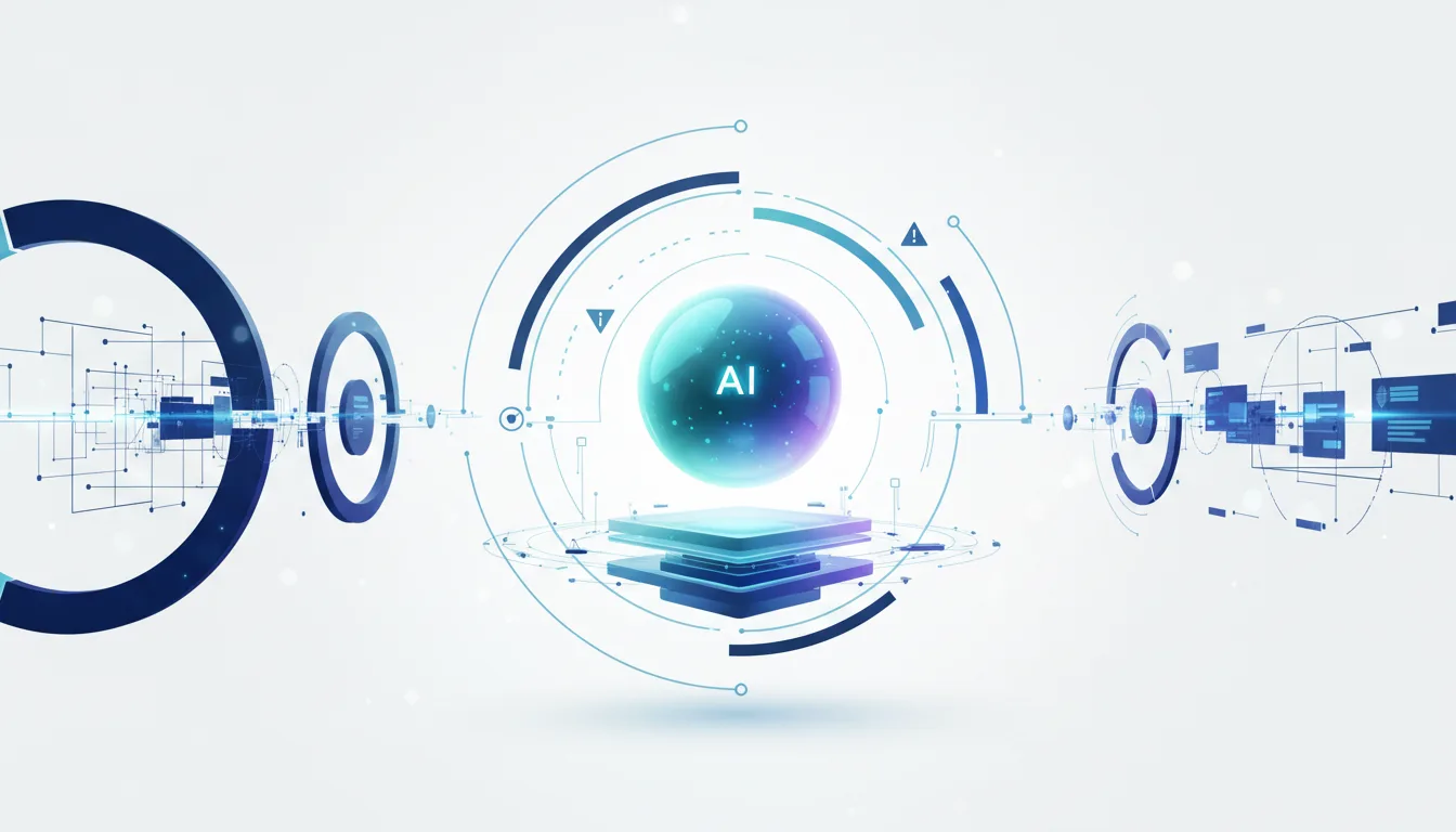 Abstract digital visualization of AI technology with glowing sphere and futuristic interface elements representing data and connectivity.