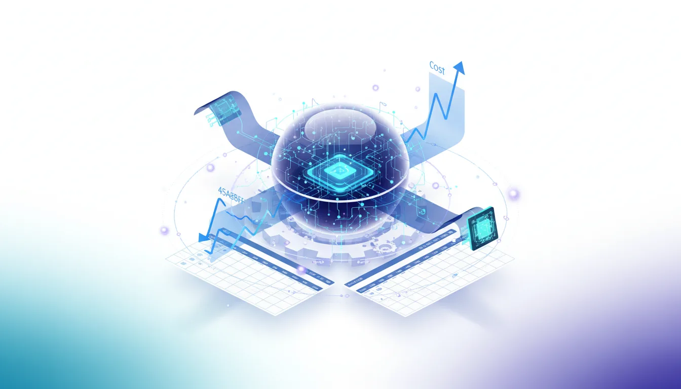 Abstract visualization of AI technology with a central glowing sphere, circuit board patterns, and upward trending cost graphs.