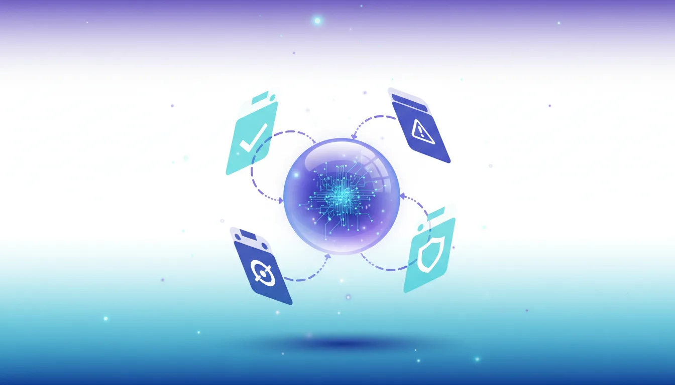 Central AI core surrounded by four report icons: checkmark, warning, target, and shield, illustrating AI safety evaluation and accountability.