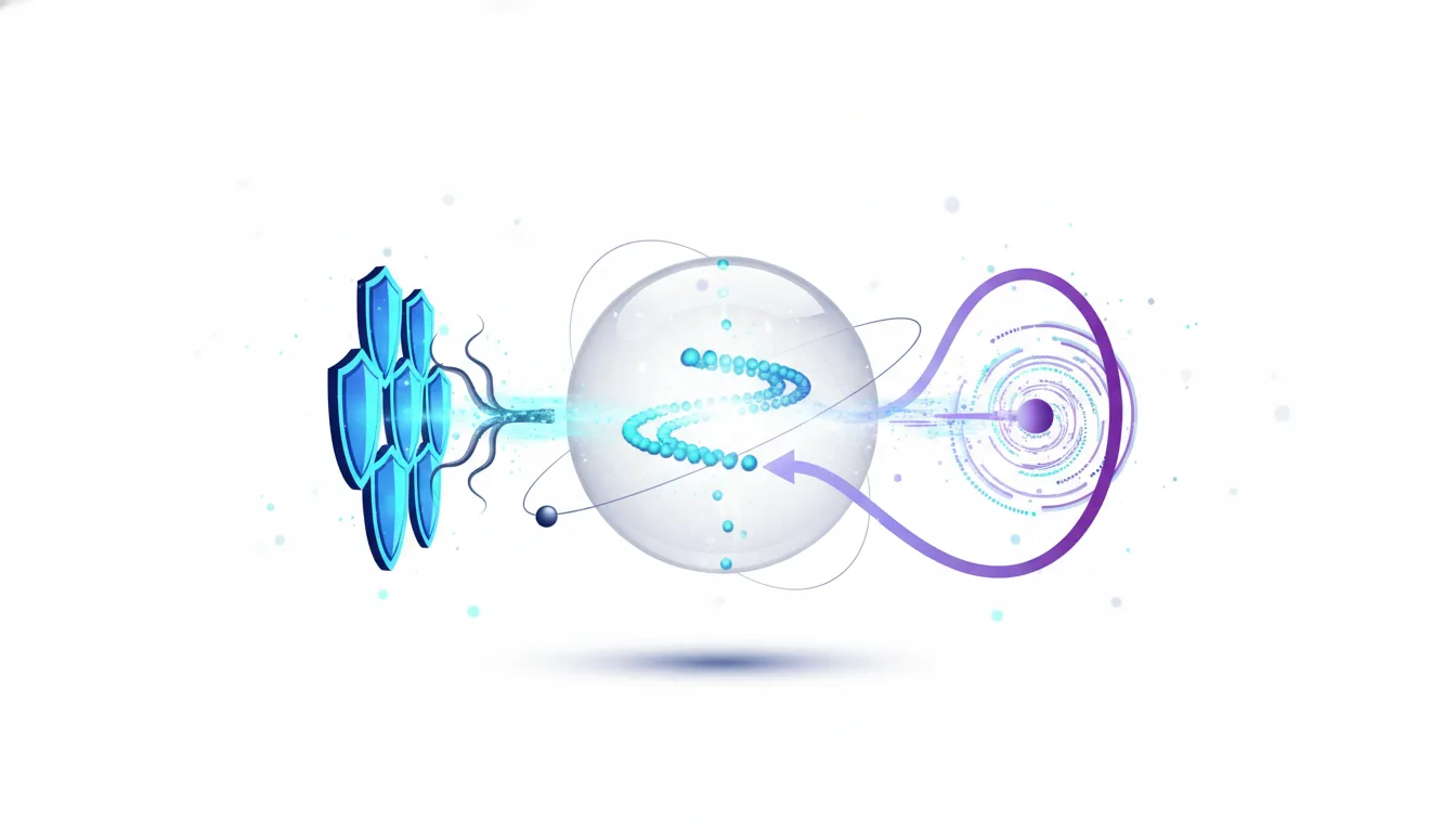 Blue shields representing security protect a glowing sphere containing a DNA-like helix, symbolizing AI, from an incoming threat.