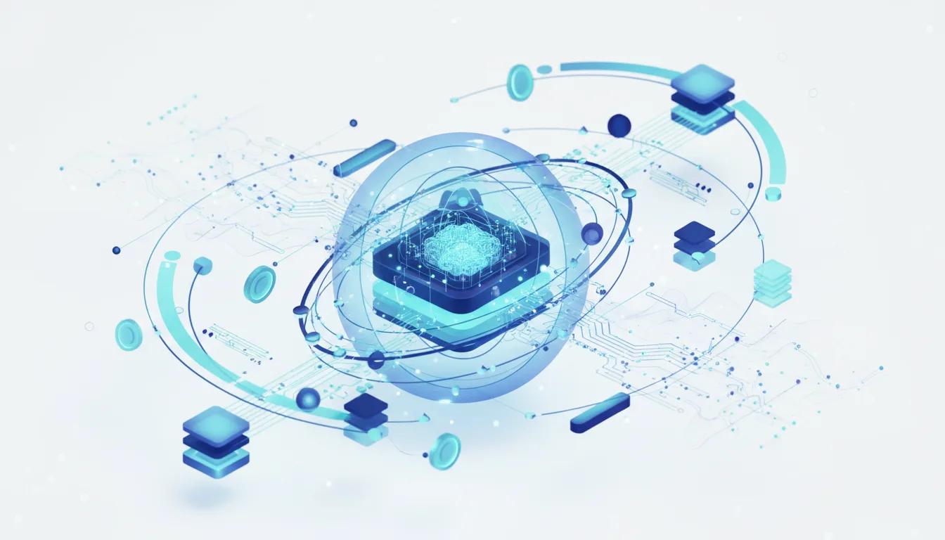 Abstract visualization of AI infrastructure with a central brain-like core surrounded by data layers and orbital connections, representing compute-optimal training.