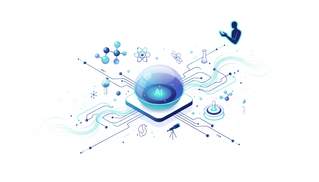 Abstract illustration of AI at the center of scientific discovery, surrounded by molecular structures, atomic symbols, and lab equipment.