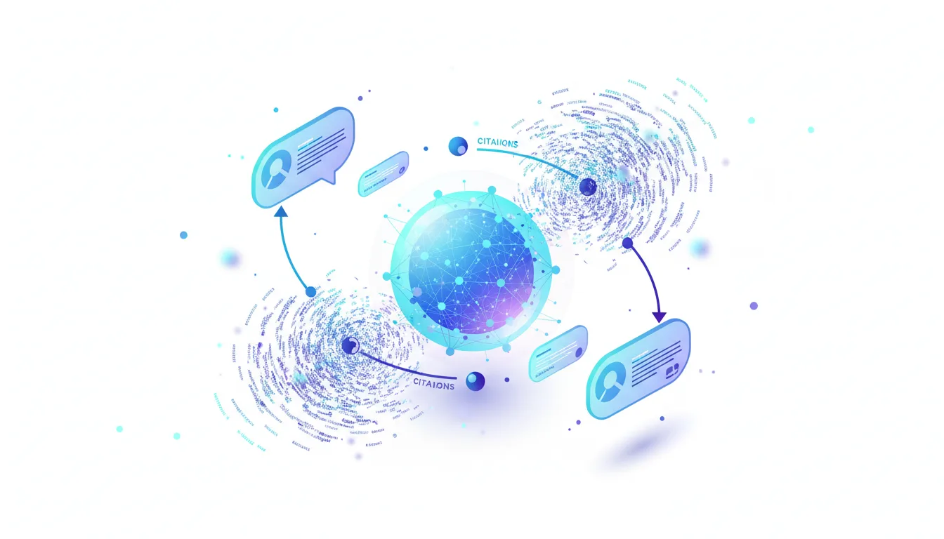 Abstract visualization of AI search optimization with a central node connecting to citations and user profiles, representing data flow and authority.