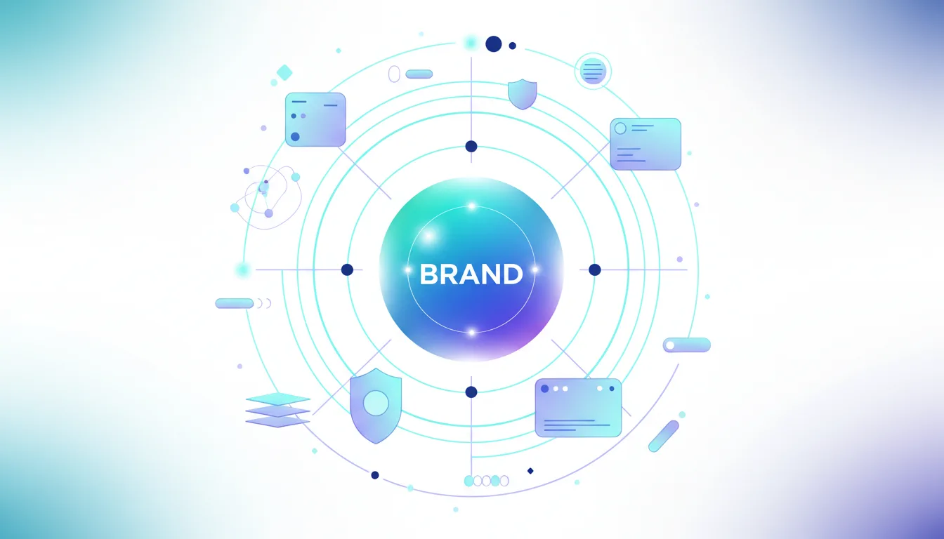 Abstract graphic illustrating brand visibility and connectivity within a digital network, featuring a central sphere labeled BRAND.