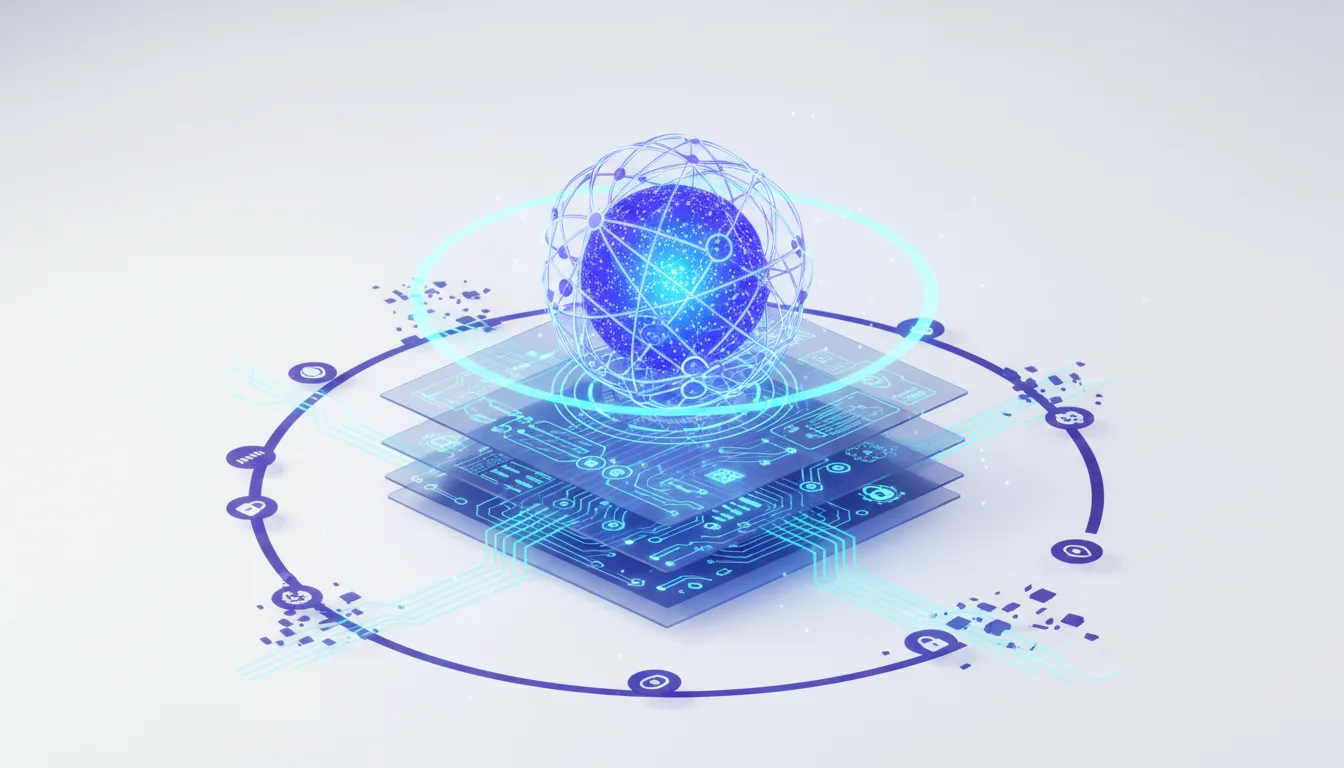 Abstract visualization of AI security layers, featuring a glowing blue sphere, circuit board patterns, and interconnected nodes representing data and security protocols.