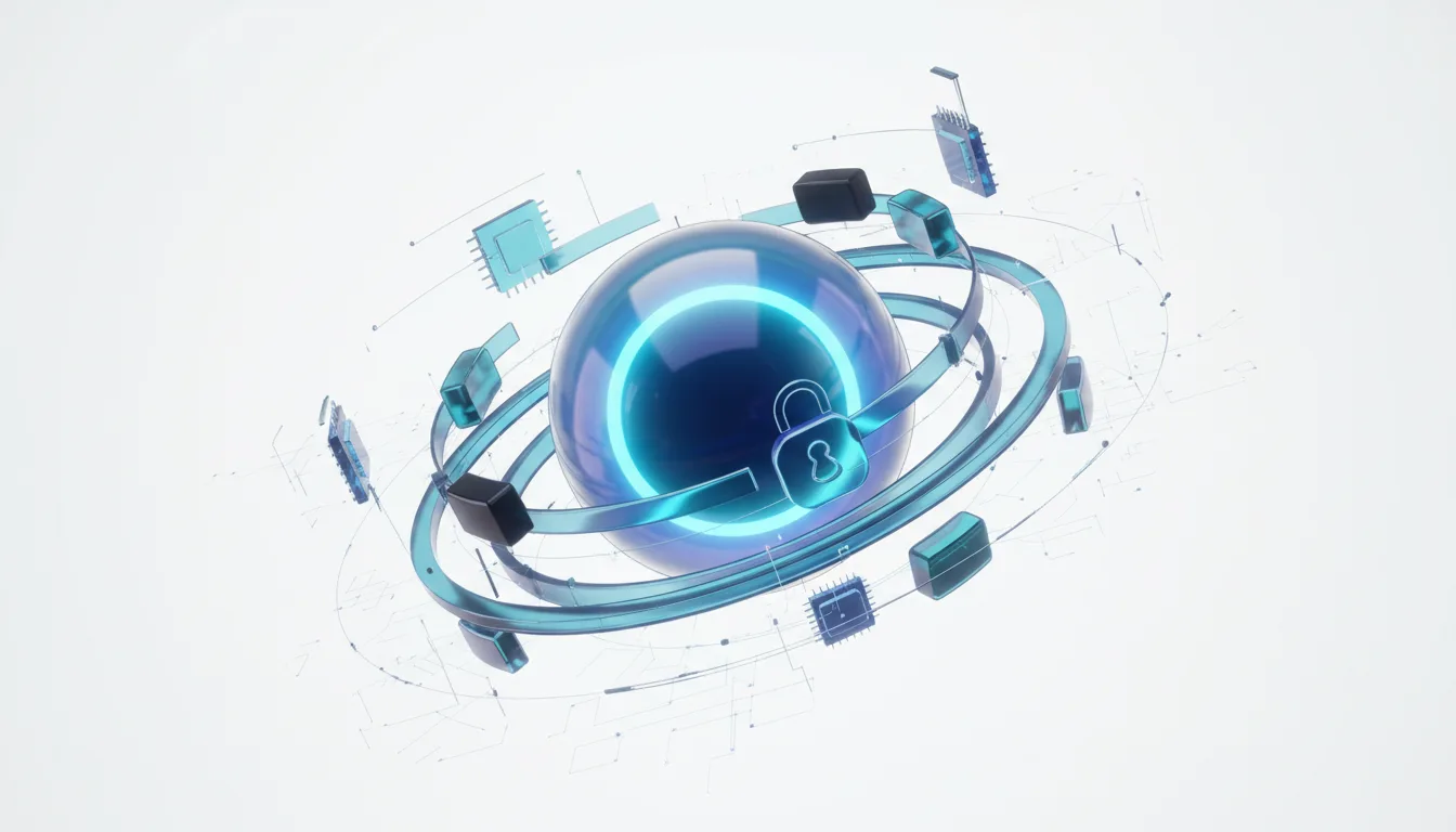 Abstract visualization of a glowing sphere with a padlock symbol, surrounded by orbiting circuit board components and data streams, representing AI security and governance.