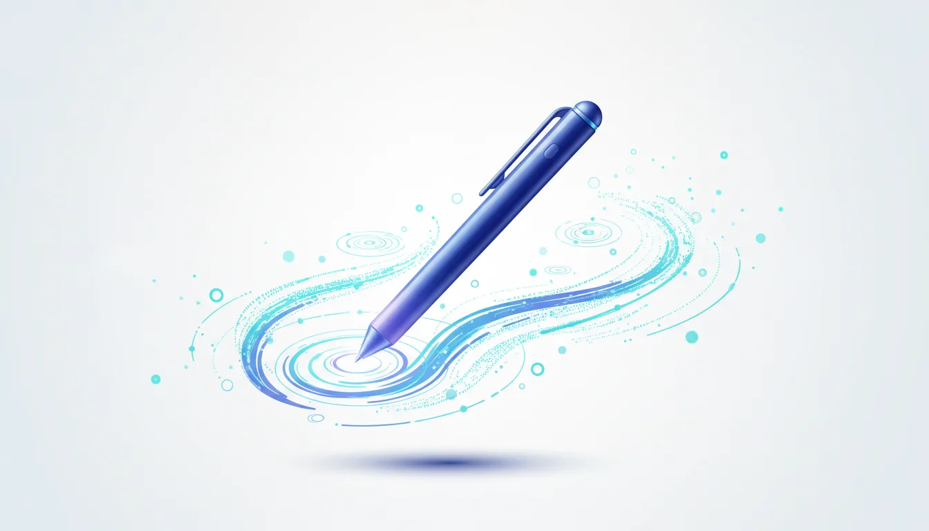A blue AI smart pen creating a swirling digital ink trail with abstract light particles and concentric circles.