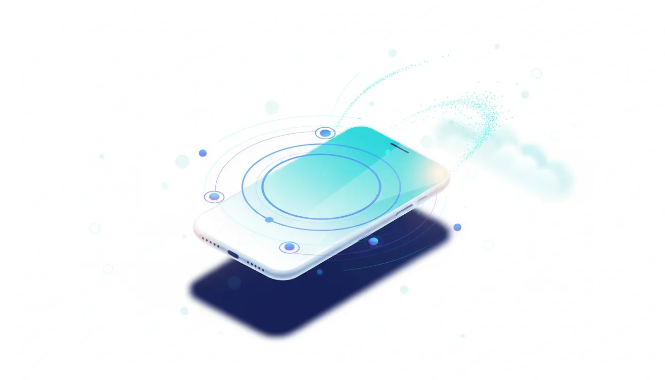 An abstract illustration of a smartphone with glowing concentric circles and data points emanating from it, symbolizing AI integration.