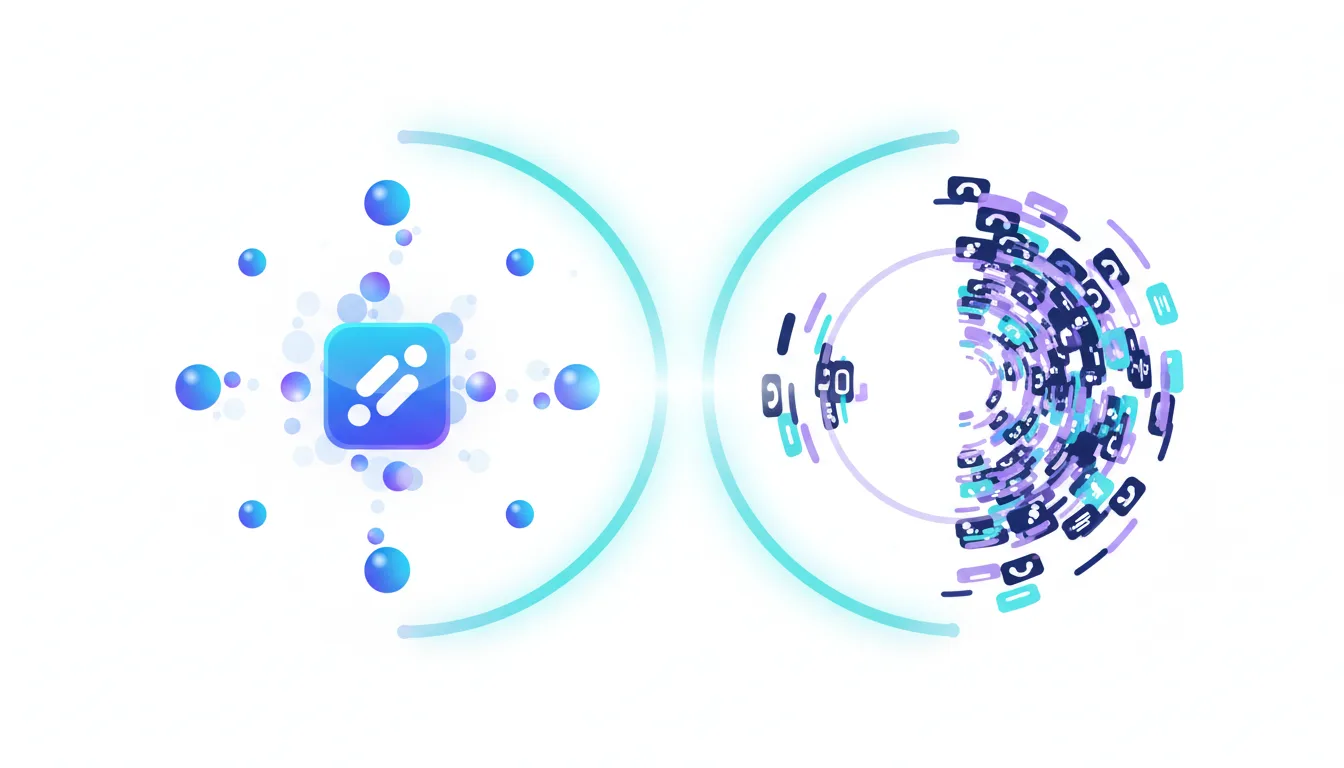 Abstract graphic showing a central AI logo on the left and a swirling vortex of social media icons on the right, representing AI's dual impact.