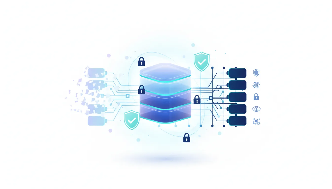 Abstract digital representation of secure data layers and network connections with security shields and lock icons, symbolizing AI startup procurement readiness.