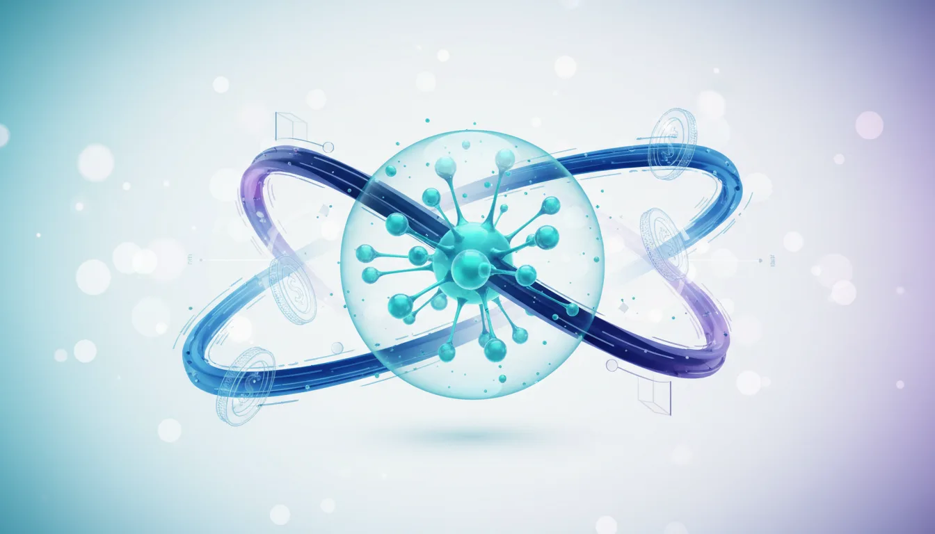Abstract representation of a virus or molecule within a protective sphere, surrounded by orbiting digital rings.
