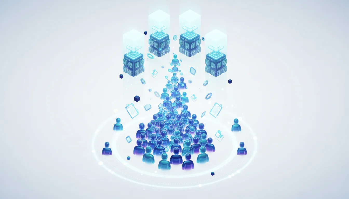 Stylized illustration of a large group of people being drawn upwards towards abstract AI compute servers, symbolizing talent acquisition.