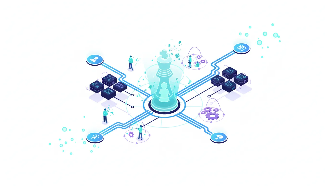 AI talent war visualized with a chess king at the center, surrounded by nodes representing compute, governance, and talent pipelines.
