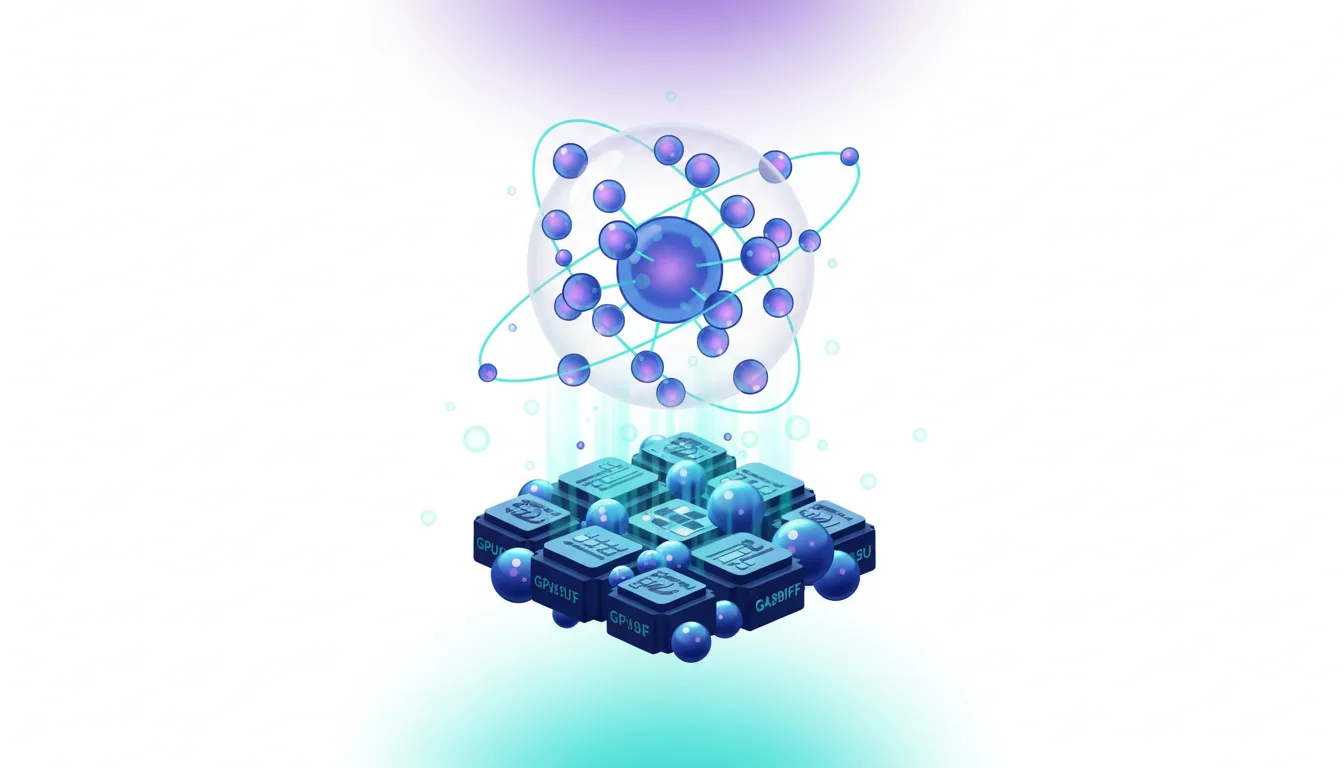 Abstract representation of AI development ecosystem with GPUs powering a molecular structure symbolizing advanced AI research.
