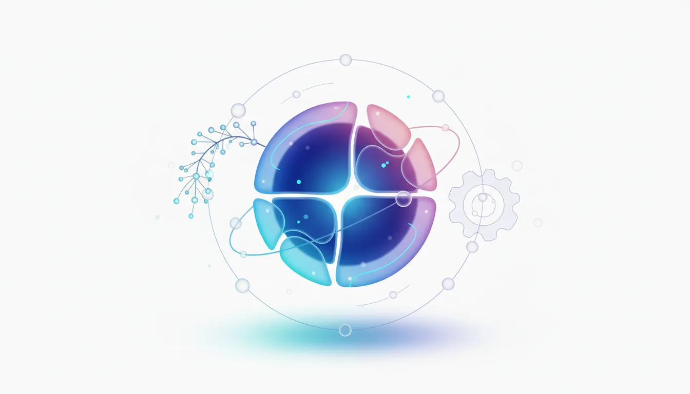 Abstract representation of AI tokenization with a segmented sphere, network connections, and a gear symbolizing processing and efficiency.