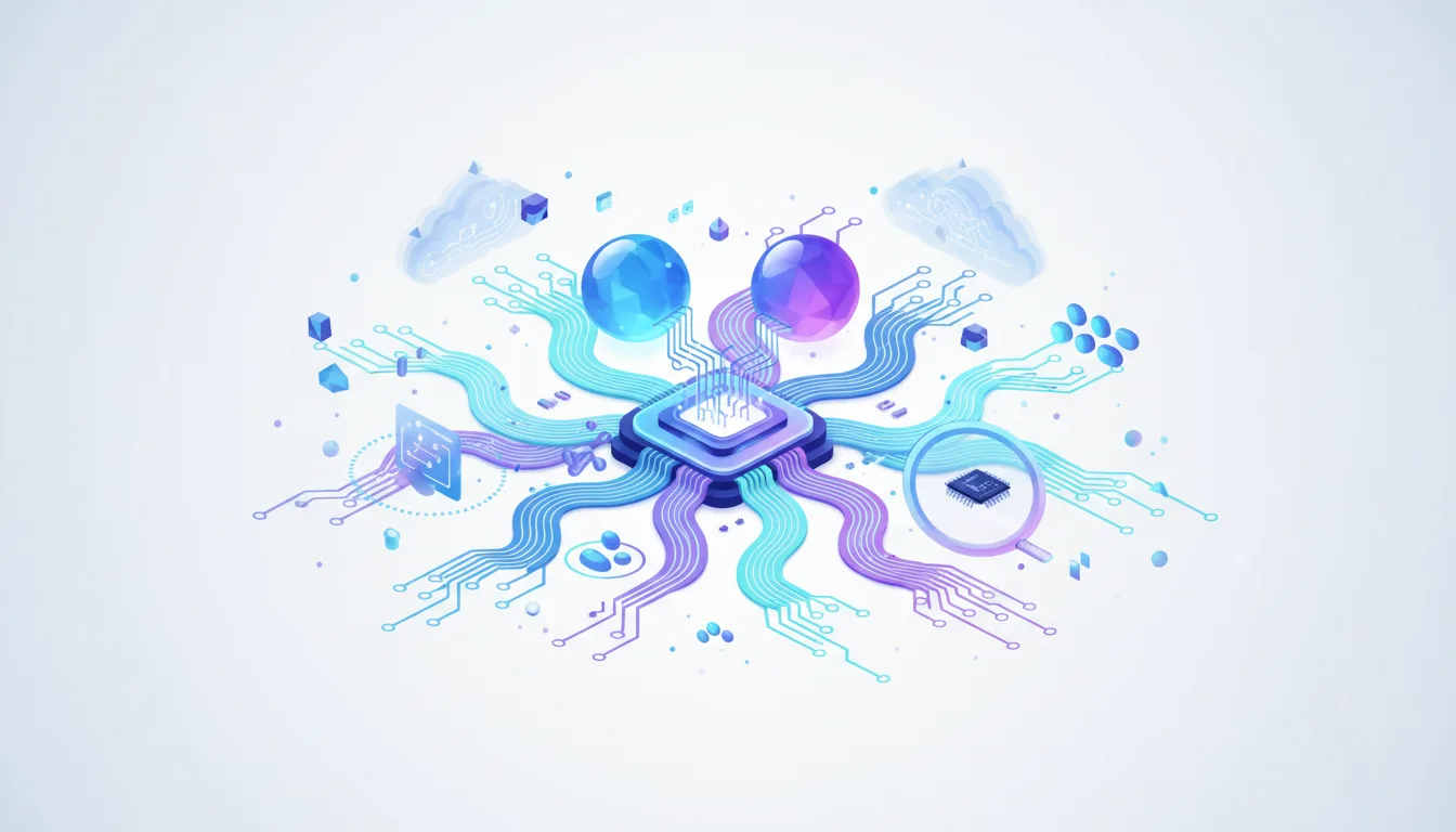 Abstract illustration of a central processor connected by circuits to various nodes representing data, cloud, and hardware testing for AI translation benchmarks.