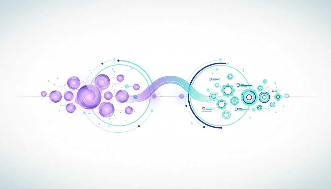 Abstract graphic showing a transition from purple spheres to teal gears and circuits, symbolizing AI bifurcation and enterprise efficiency.