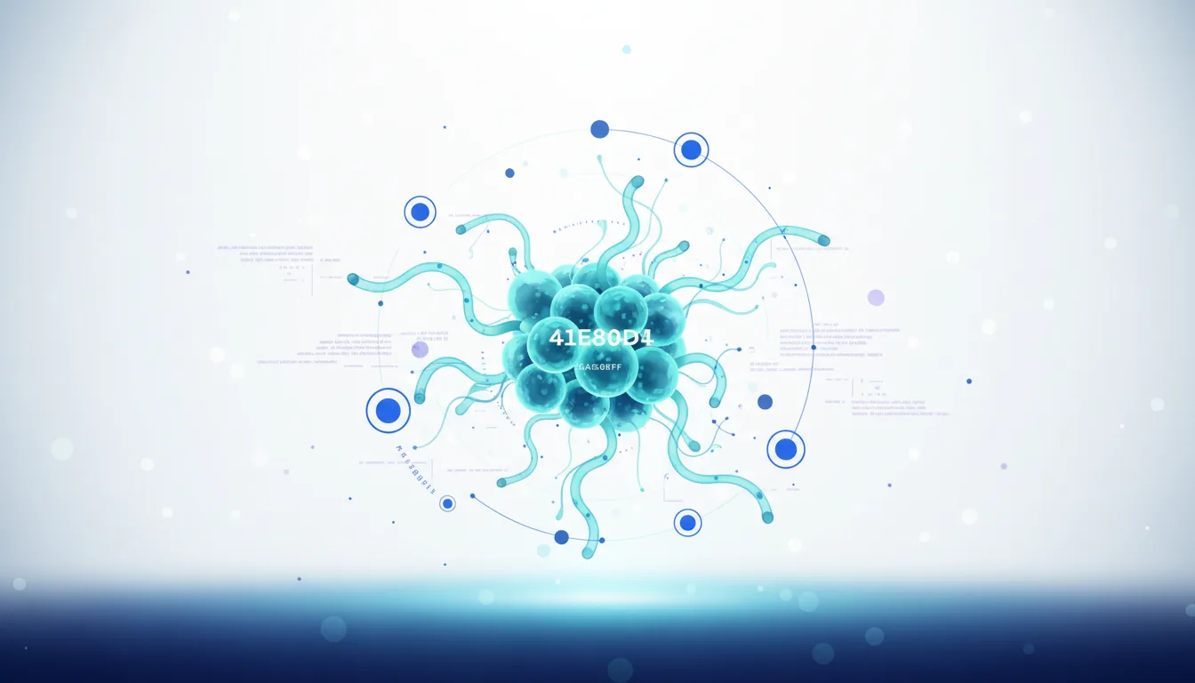 Abstract representation of a tumor cell with tendrils, surrounded by a digital network and data points, symbolizing AI in oncology.