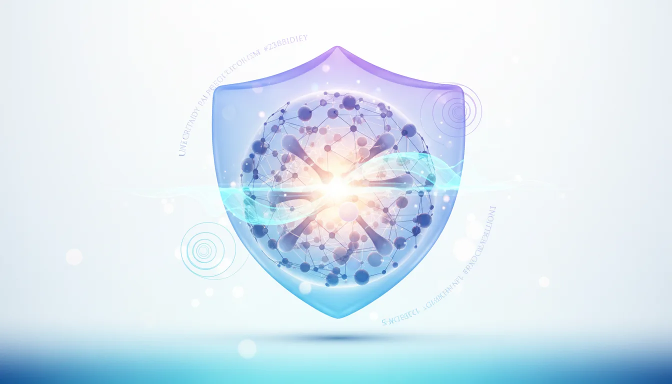 Abstract shield protecting a glowing molecular network, symbolizing AI trustworthiness and uncertainty quantification.
