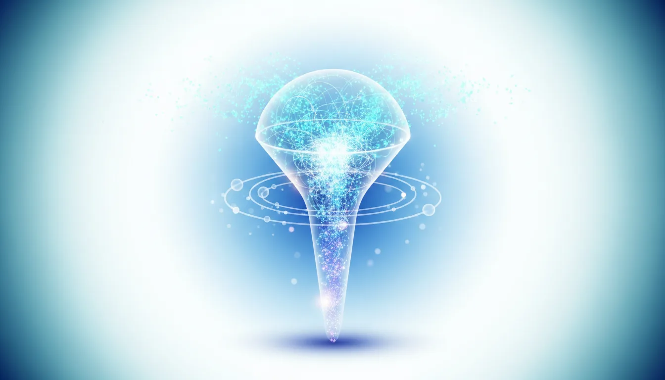 Abstract visualization of a funnel-shaped energy vortex with glowing particles and orbital rings, representing generative AI data processing.