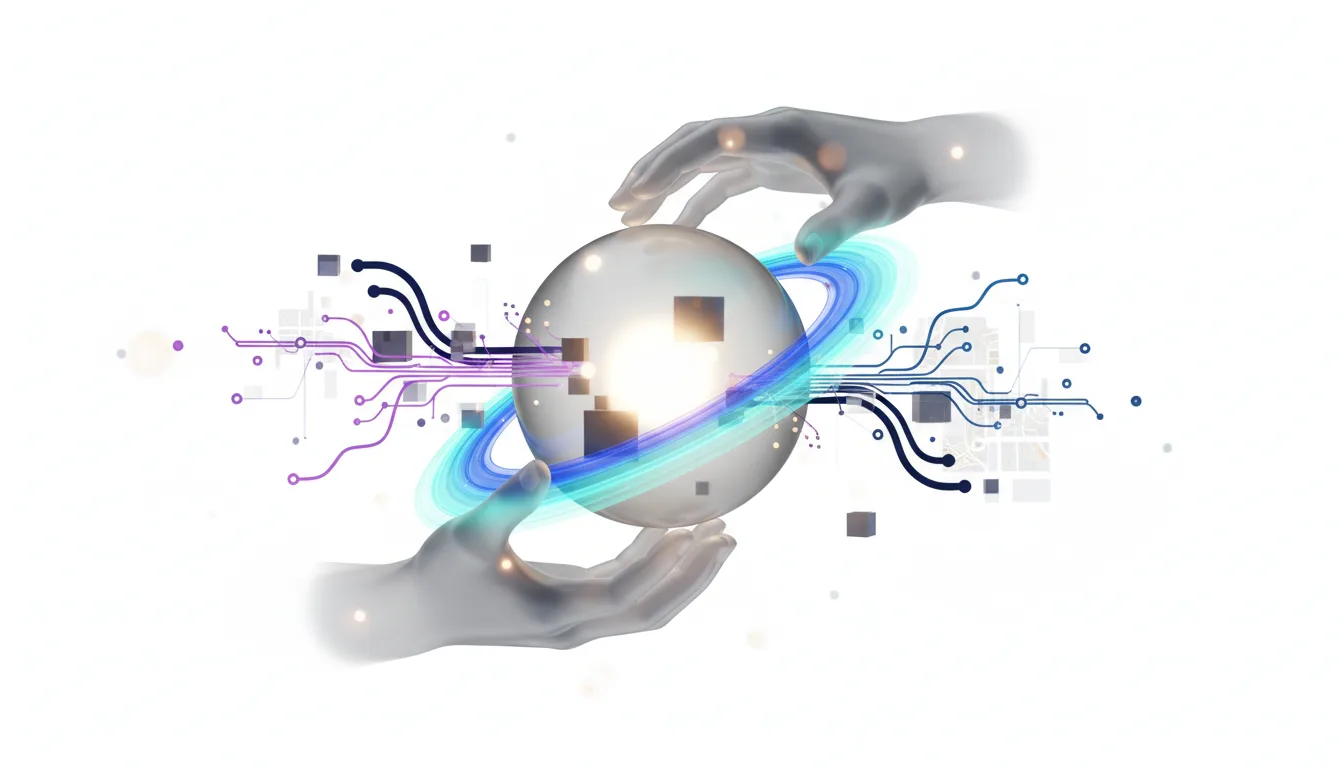 Two robotic hands cradle a glowing sphere surrounded by digital circuits and data points, symbolizing AI integration in technology.