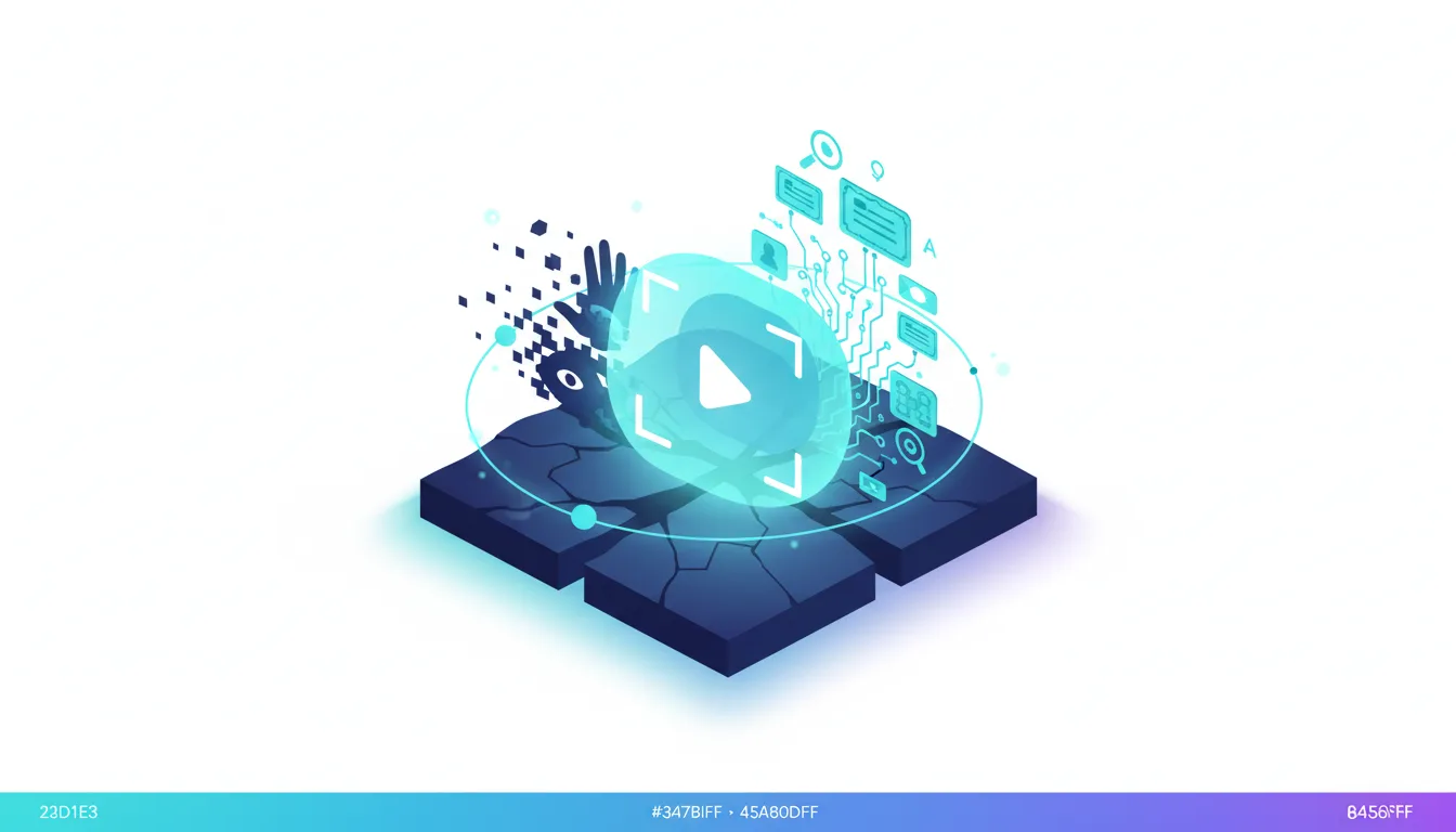 Abstract illustration of a cracked platform with a glowing play button and digital data streams, symbolizing AI video verification and forensics.