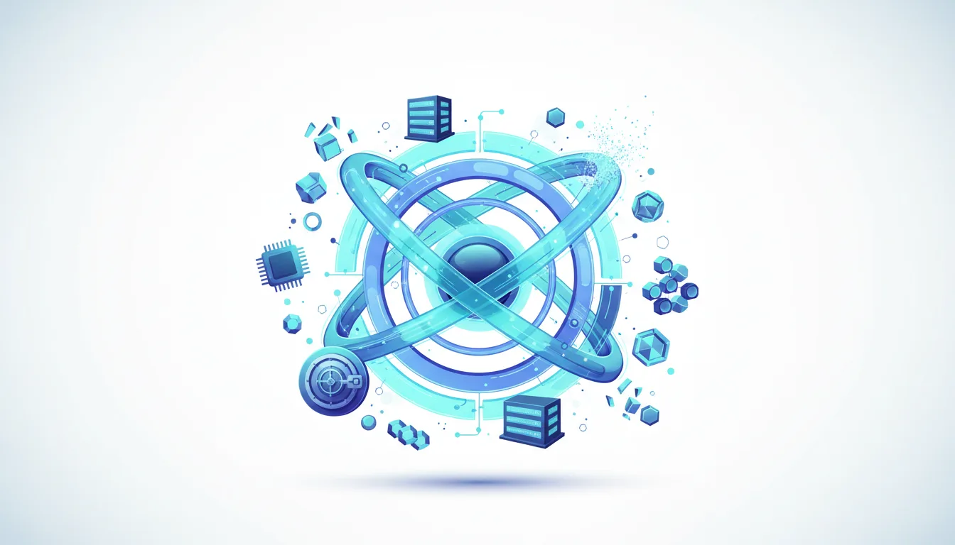 Abstract illustration of atomic structure with interconnected nodes, servers, and a microchip, symbolizing AI and technology.