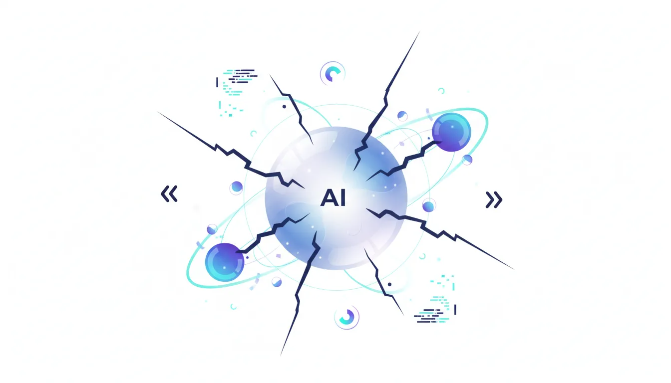 Abstract illustration of an AI core cracking under pressure, symbolizing AI weaponization and security breaches.